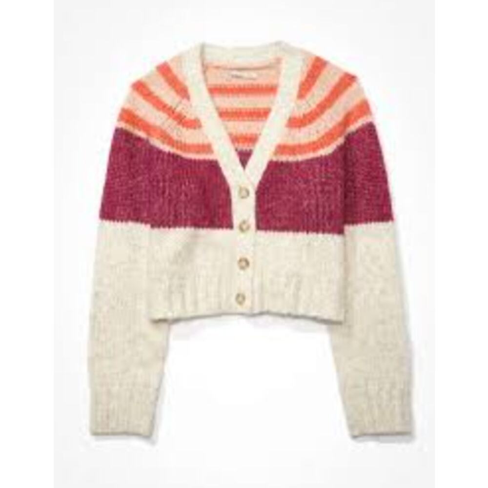 NWT American Eagle Colorblock Striped Wool Blend Knit‎ Cardigan in Cream